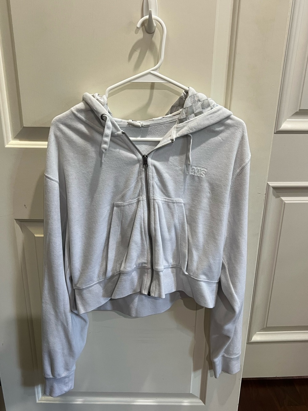 Vans Women’s Cropped White Zip Hoodie with Silver Checkered Hood Size S